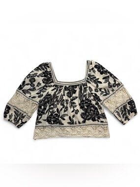 Christian Siriano Linen Blend Floral Peasant Top Lace Trim Boho Size M